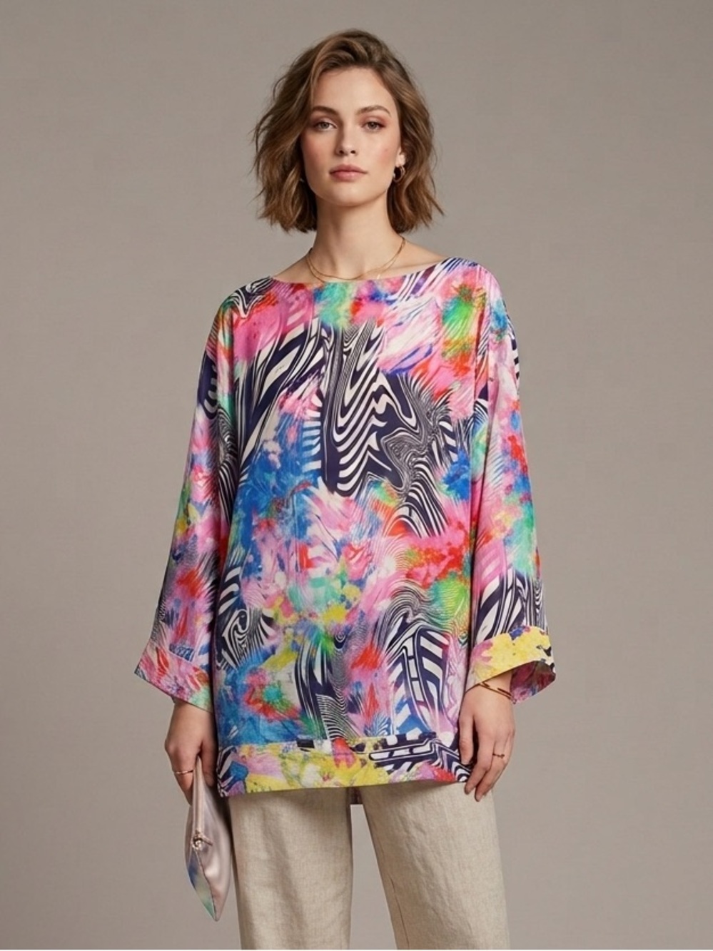 Shan Colourful Abstract Semi-Sheer Silk Tunic Top - M/L, 100% silk! 🇨🇦
